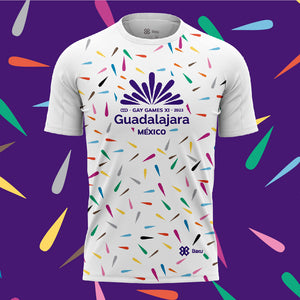 Playera Baxu - Gay Games Guadalajara - Confeti - Full Print - Blanco